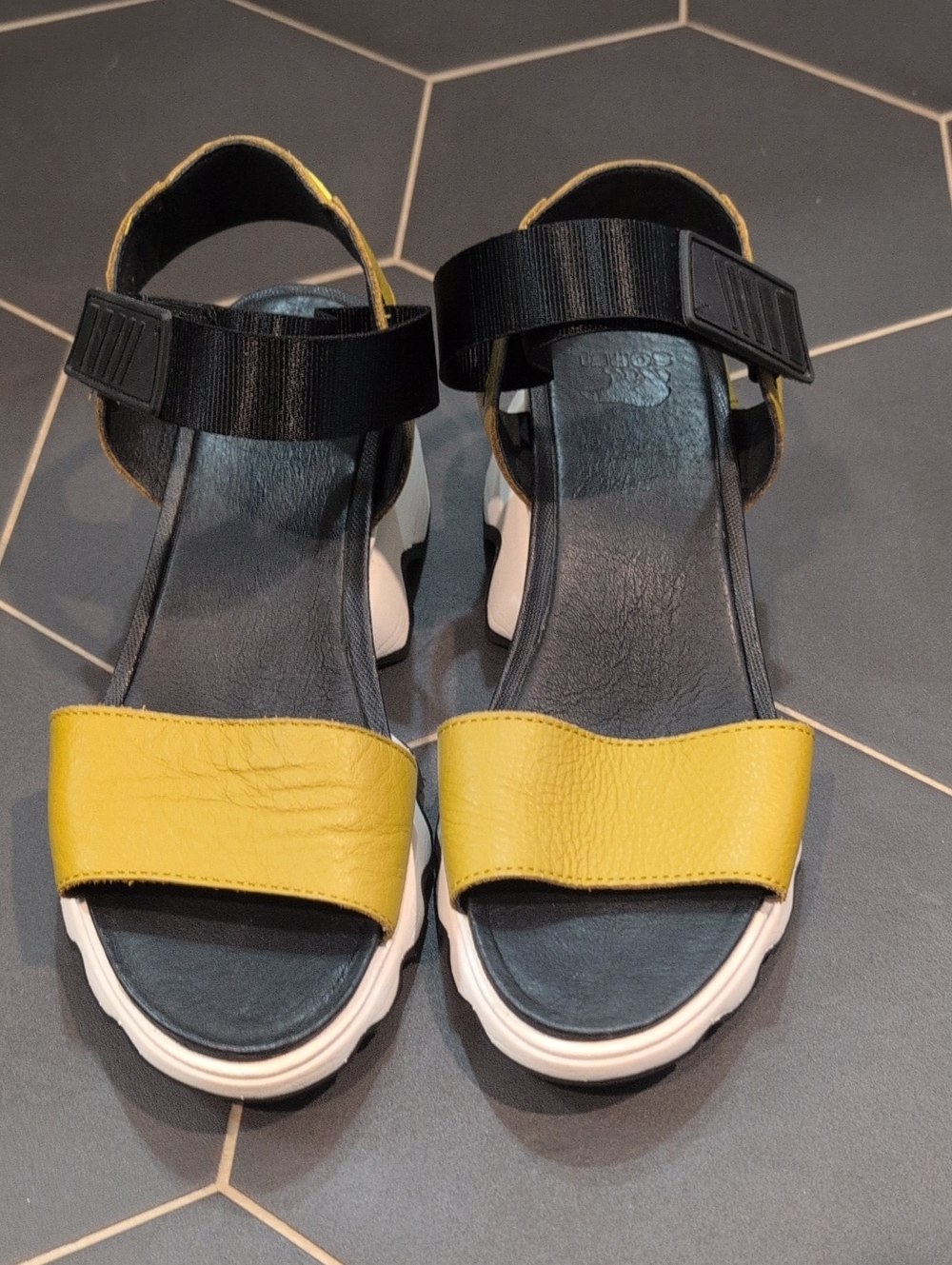 Sorel Mustard Yellow Leather Sport Sandals with Black Straps